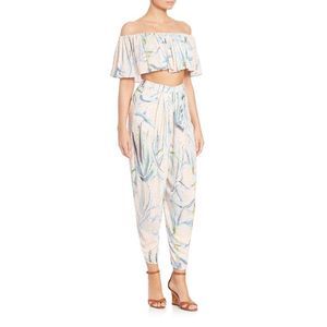 Mara Hoffman cream pastel blue green aloe tropical print drop waist loose pants